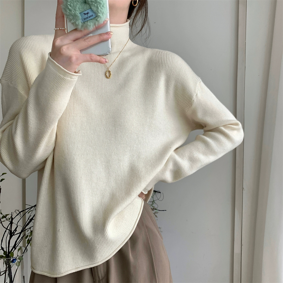 冬季加厚2025新款中领针织衫宽松慵懒毛衣女半高领打底衫女内搭
