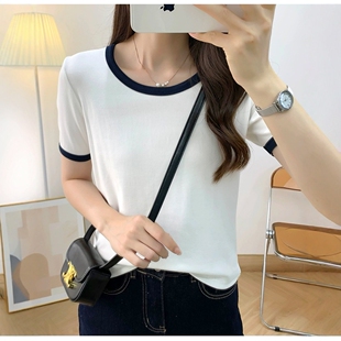 女装 胖mm大码 撞色螺纹上衣 t恤女休闲宽松显瘦百搭夏季 正肩U领短袖