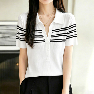 莱赛尔天丝polo领针织衫女款爆款2026新款休闲百搭正肩短袖上衣女