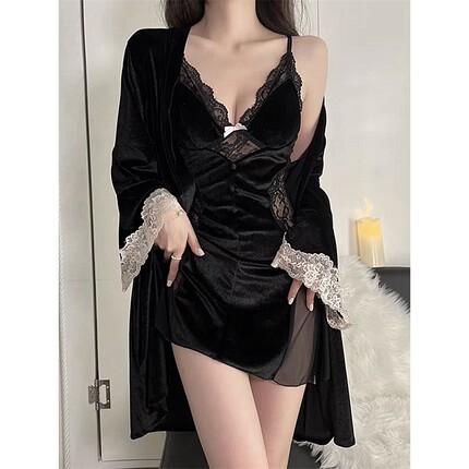 罗丽丝金丝绒睡衣女秋冬2025年新款性感吊带睡裙睡袍情调两件套装