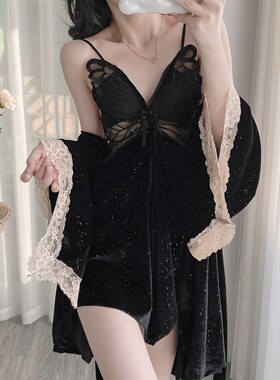 罗丽丝睡衣女春秋冬季金丝绒新款性感吊带睡裙睡袍家居服套装情调
