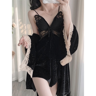 罗丽丝睡衣女春秋冬季金丝绒新款性感吊带睡裙睡袍家居服套装情调