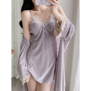 罗丽丝性感睡衣女秋冬金丝绒春秋蕾丝纯欲吊带睡裙睡袍家居服套装