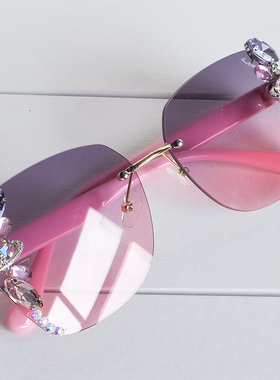 无框镶钻太阳镜女圆脸大脸显瘦遮阳防晒墨镜女大框韩版2024