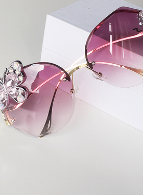 琪妍无边框渐变镶钻太阳镜女圆脸大脸显瘦遮阳韩版墨镜2025高档