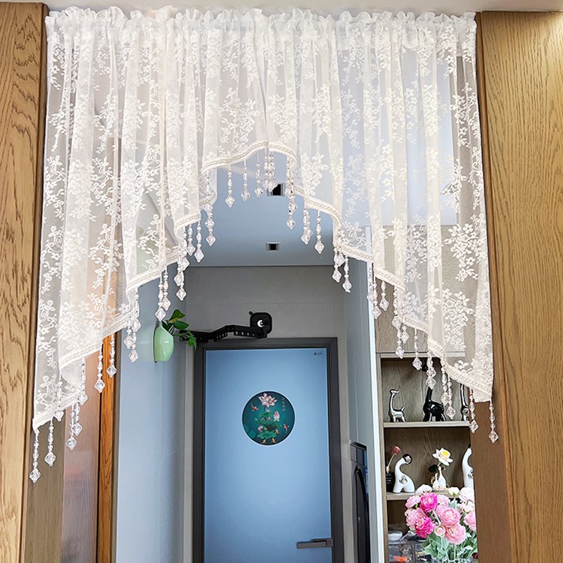 网纱吊珠纱帘免打孔门帘蕾丝刺绣氛围感半截垂花帘钉珠卧室遮挡帘