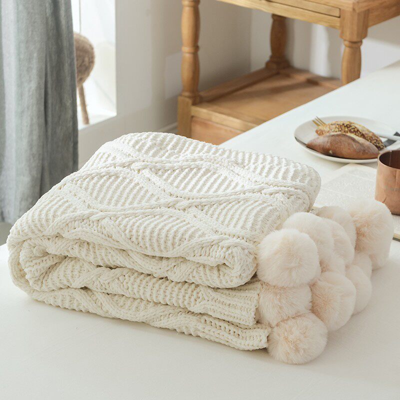 网红雪尼尔毛球球毯子沙发毯盖毯针织粗毛线编织床尾毯装饰搭巾