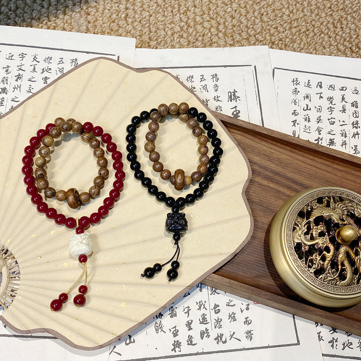 新中式情侣款醒狮鸡翅木琉璃珠双圈小众国风手串手链