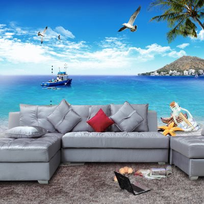 8d海滩风景电视背景墙布地中海墙纸唯美椰树海边海岸沙滩壁纸壁画