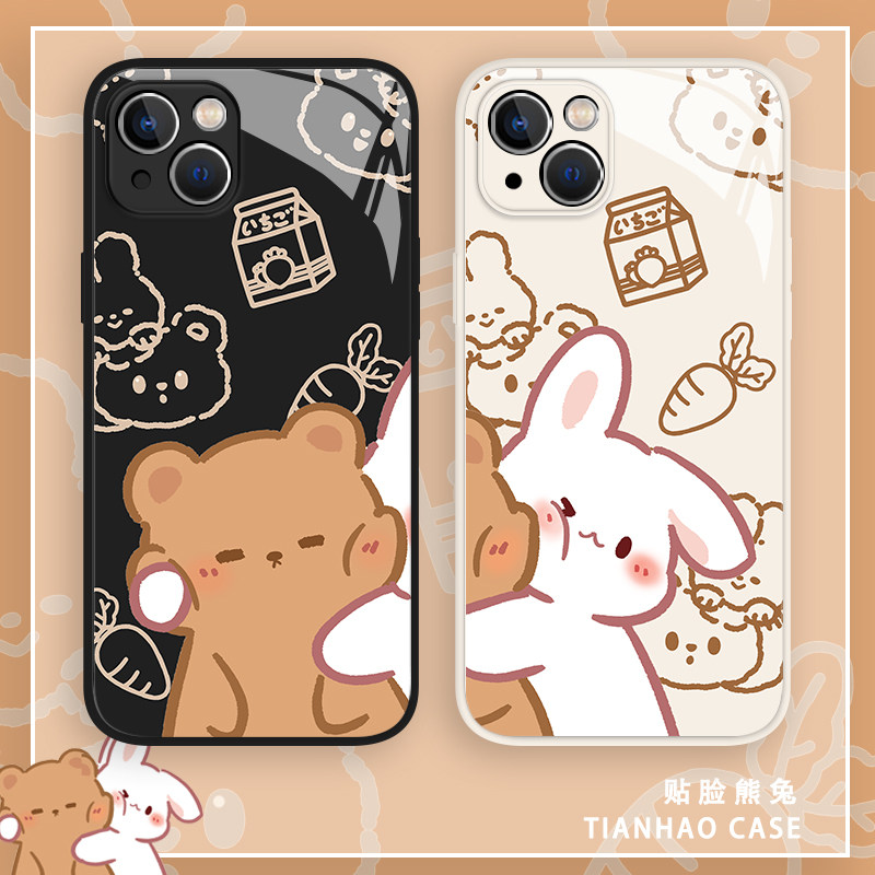 贴脸熊兔适用苹果15新款手机壳iPhone13Promax情侣14趣味12卡通11可爱8plus男女款7一对xr玻璃xs防摔se套mini