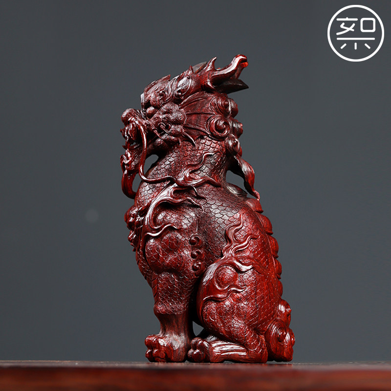 絮旧 麒麟摆件 印度小叶紫檀木雕工艺品复古中国风纯手工雕刻神兽