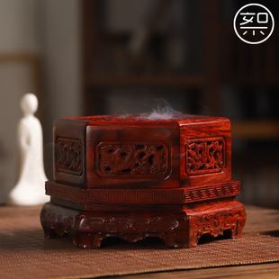 絮旧印度小叶额紫檀六角满雕盘香盒子大香炉桌面复古古风檀香紫檀