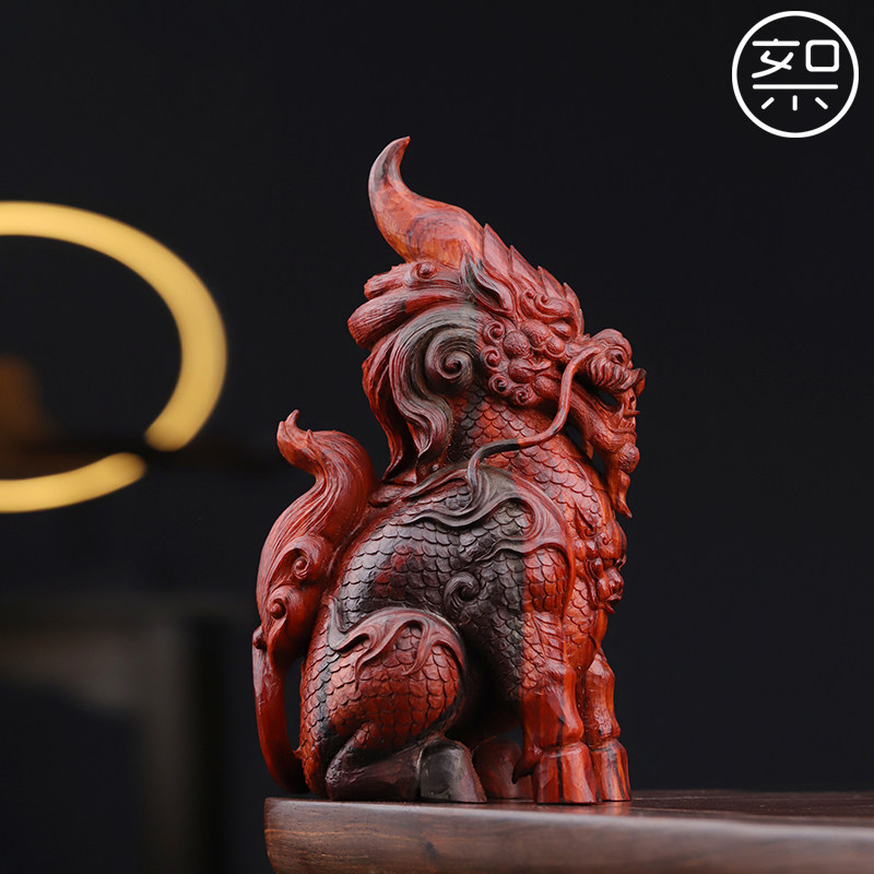 絮旧麒麟摆件印度小叶紫檀木雕工艺品复古中国风雕刻小件家用客厅