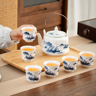 家用办公送礼手绘功夫茶具简约中式 羊脂玉瓷提梁茶壶茶杯套装 乔迁