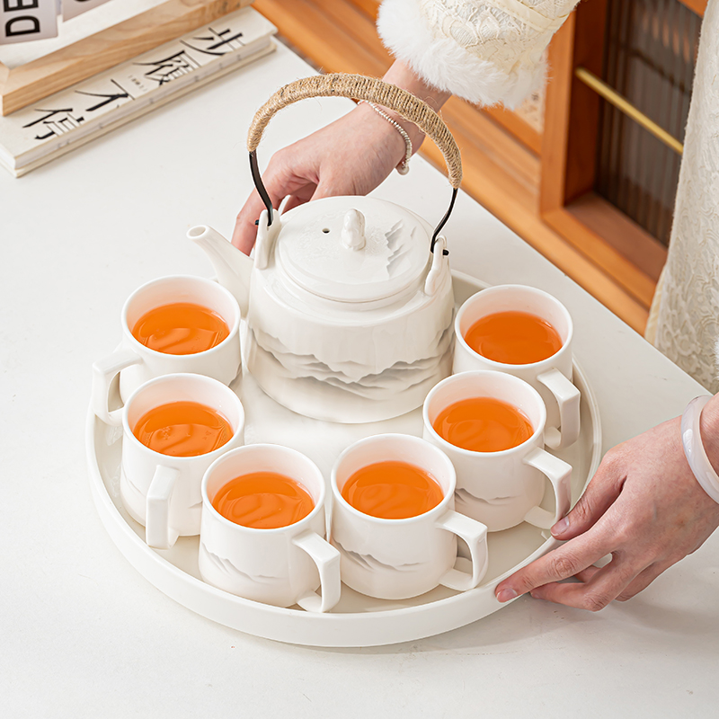 新款白瓷提梁壶功夫茶具套装陶瓷家用简约水墨防烫把耳杯茶壶整套