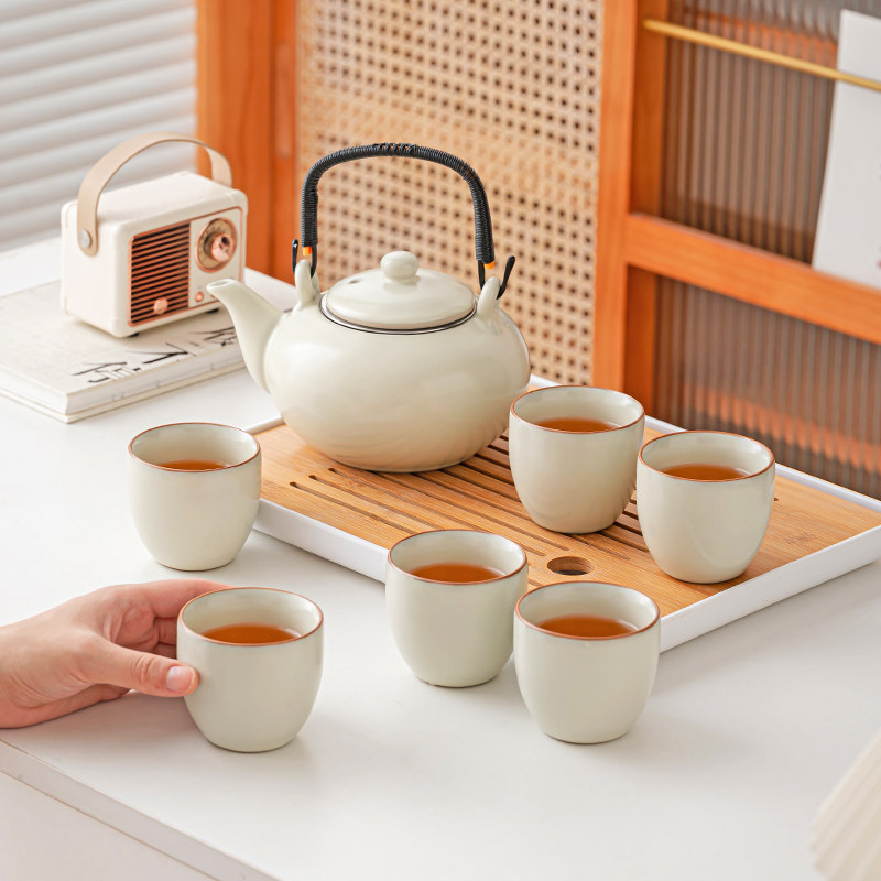 黄汝窑功夫茶具套装家用宿舍适用简约整套茶具 竹制茶盘茶壶组中