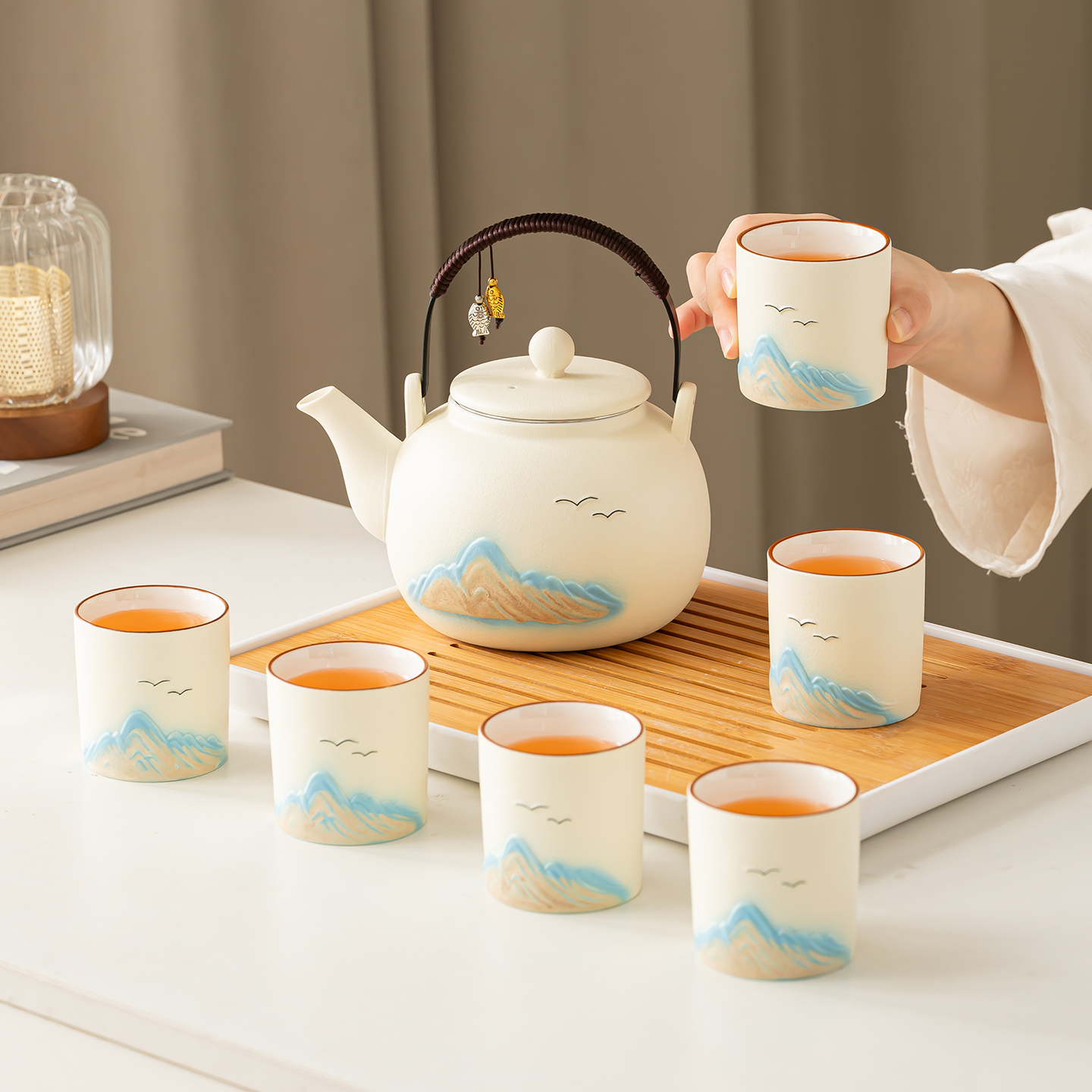 磨砂提梁壶功夫茶具套装陶瓷简装中式现代浮雕江山茶壶茶杯一套组