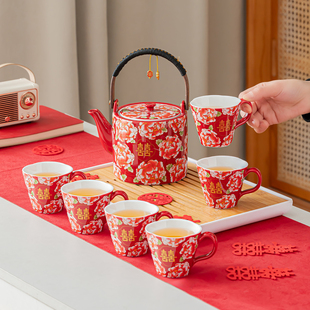 喜庆提梁茶壶茶杯功夫茶具套装 陶瓷改口敬茶泡茶结婚茶具实用备婚