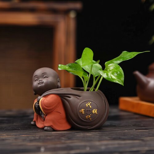 创意小和尚插花小众高级办公桌面装饰摆件花瓶紫砂陶瓷水培绿植盆