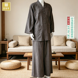 真如界夏季砂洗麻散腿僧服套装