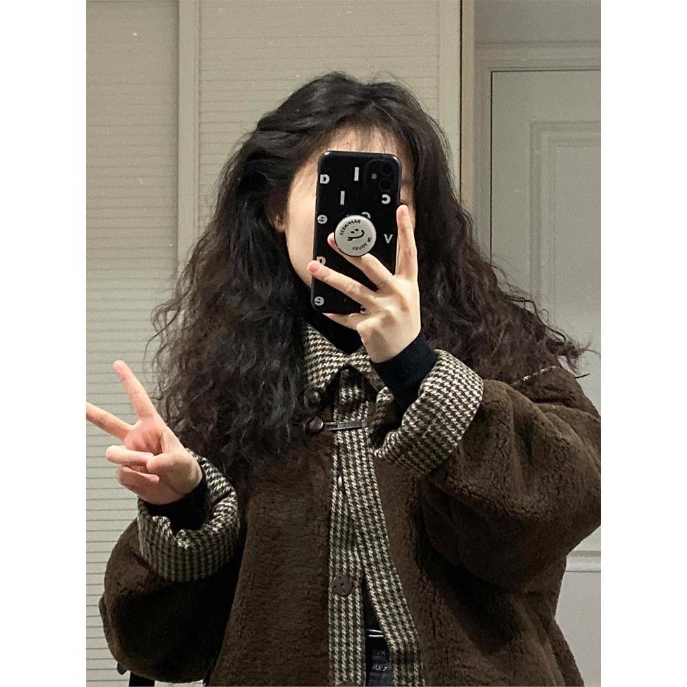 反季棕色羊羔毛外套女2024秋冬新款夹棉加厚摇粒绒小个子棉衣棉服