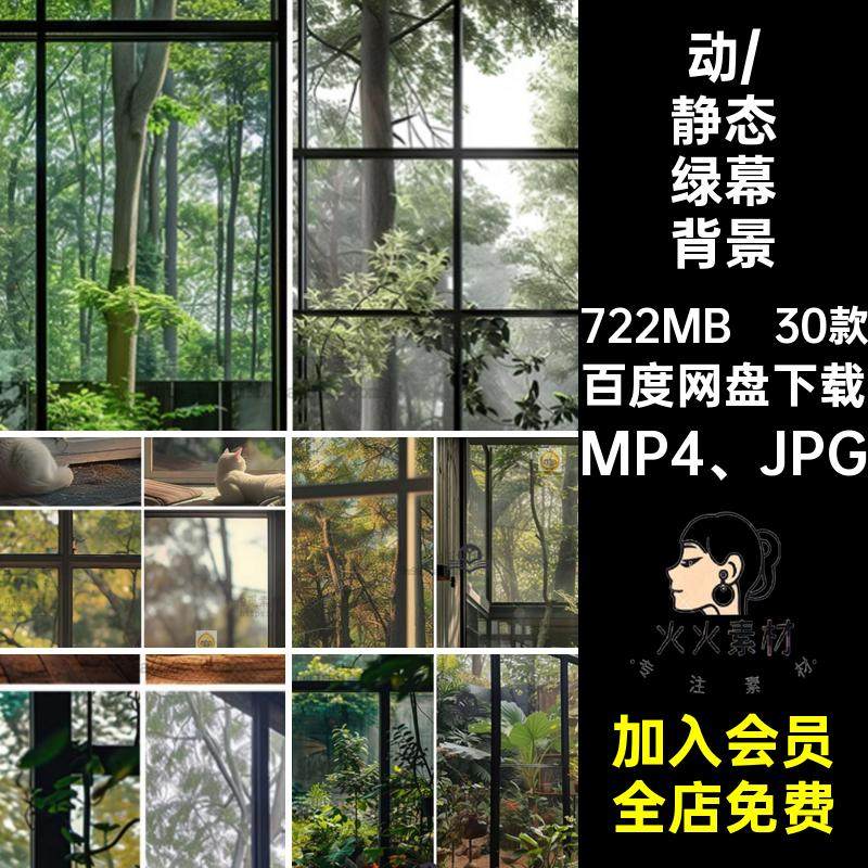 植物绿幕背景MP4 JPG设计室内直播拟设素材窗外林绿直播间抖树林