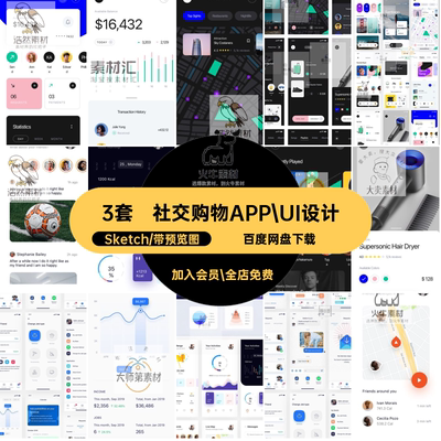 3套旅行购物APP UI设计Sketch平台格式社交社区模版三套页面素材