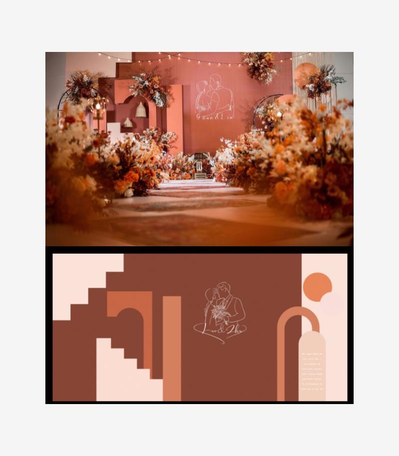橘色秋色婚礼背景设计图橙色婚庆舞台喷绘KT现场布置效果PSD素材