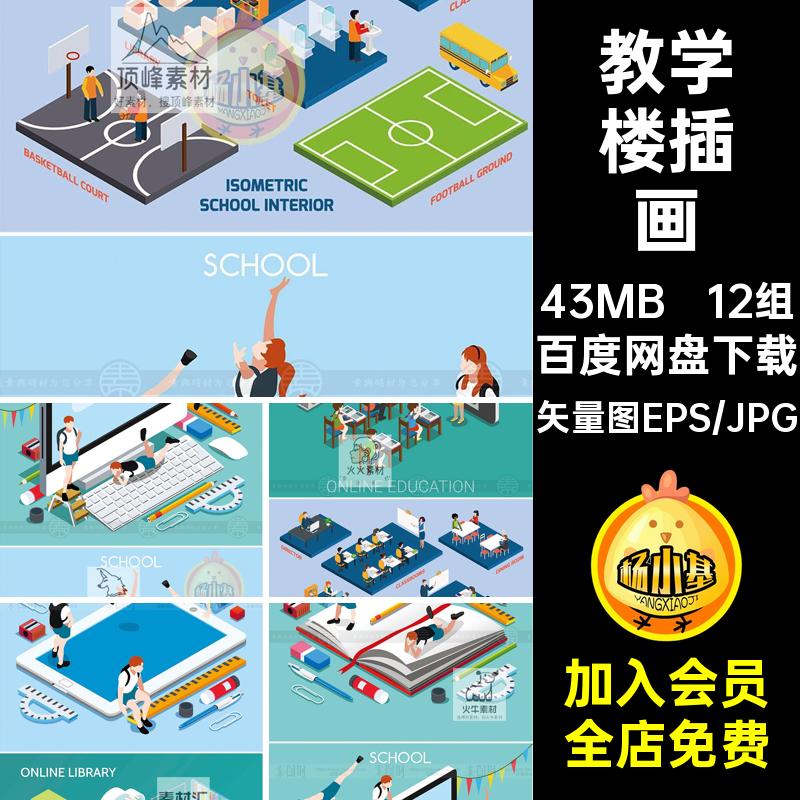 老师教室插画学生教学楼AI学校2.5D校园校车在线教育机化12组矢量