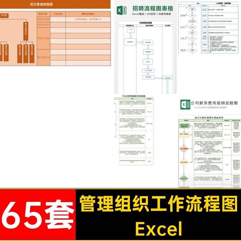 65套工程项目工作流程图模板导鱼骨思维组织管理Excel框架结构