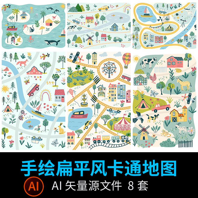 手绘旅游行程线路建筑景观规划地图插画扁平风模板AI矢量设计素材