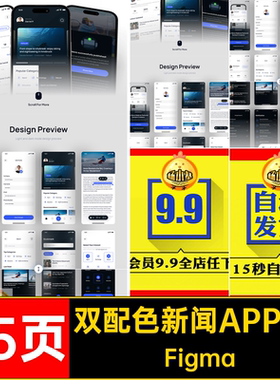 蓝色新闻APP UIFigma页程序35界面双分享趣事门户模板配色35页