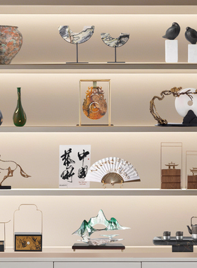 新中式现代禅意摆件样板间会所茶室客厅书房玄关博古架装饰品摆设