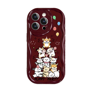 适用iphone15手机壳礼盒小狗酒红色奶油纹苹果14promax秋冬新款ip13超火圣诞12pro防摔全包11创意女ins保护套