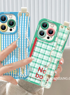 蓝色格子适用iphone15手机壳苹果14promax腕带支架13/12pro创意11女xs/xr/xsmax全包mini液态硅胶8p/7p保护套