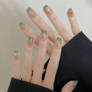 MILIMI纯手工穿戴甲晕染蓝色鎏金高级感2025新款精致显白青歇鎏顶