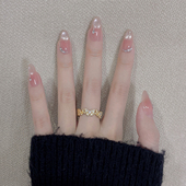 纯手工冰透裸色猫眼中长款 穿戴甲2026新款 高级感堆钻美甲银星絮语