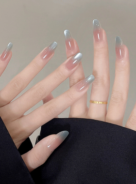 纯手工穿戴甲中长款2026新款高级感夏日冰蓝渐变猫眼美甲灵感之语