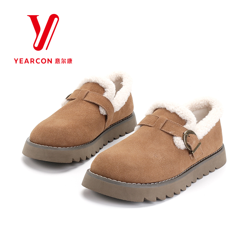 意尔康女鞋2025新款秋冬季加绒毛毛鞋女保暖棉鞋子真皮勃肯鞋复古
