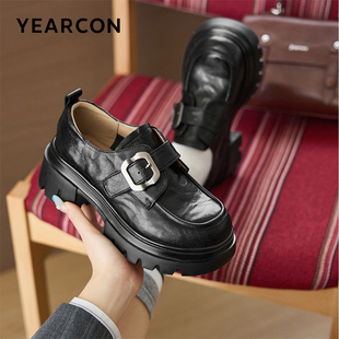 意尔康女鞋2026新款春季真皮乐福鞋女厚底小皮鞋英伦风粗高跟单鞋
