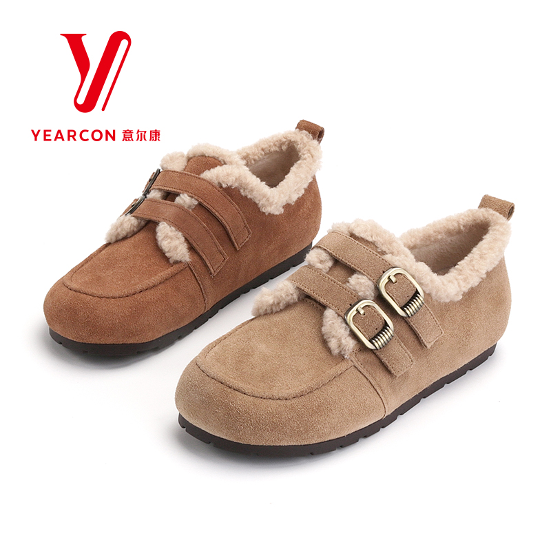 意尔康女鞋2025新款秋冬季真皮毛毛鞋女复古休闲鞋女款勃肯鞋棉鞋