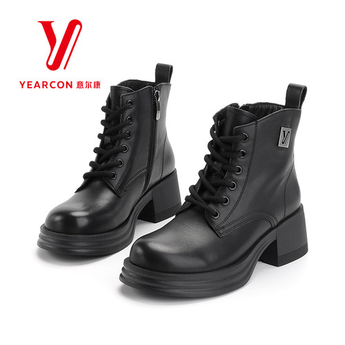 意尔康女靴2025新款秋冬季加绒马丁靴女款厚底短靴女粗跟高跟靴子