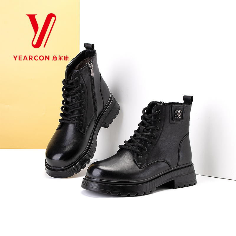 意尔康女鞋2025新款加绒马丁靴女