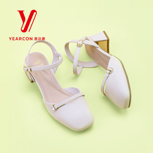 意尔康女鞋2024新款夏季包头凉鞋女粗跟时装一字带高跟鞋女款气质