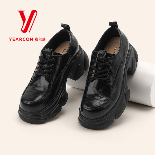 意尔康女鞋2025新款春真皮小皮鞋女粗跟高跟单鞋英伦风系带乐福鞋