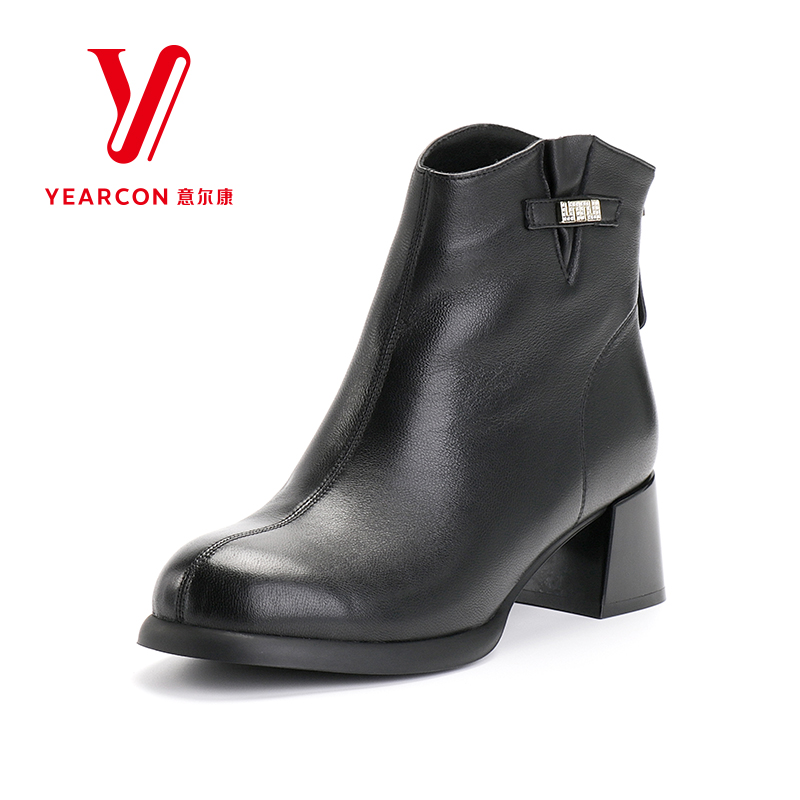 意尔康女靴2025新款冬季真皮短靴女粗跟加绒靴子高跟时装靴短筒靴
