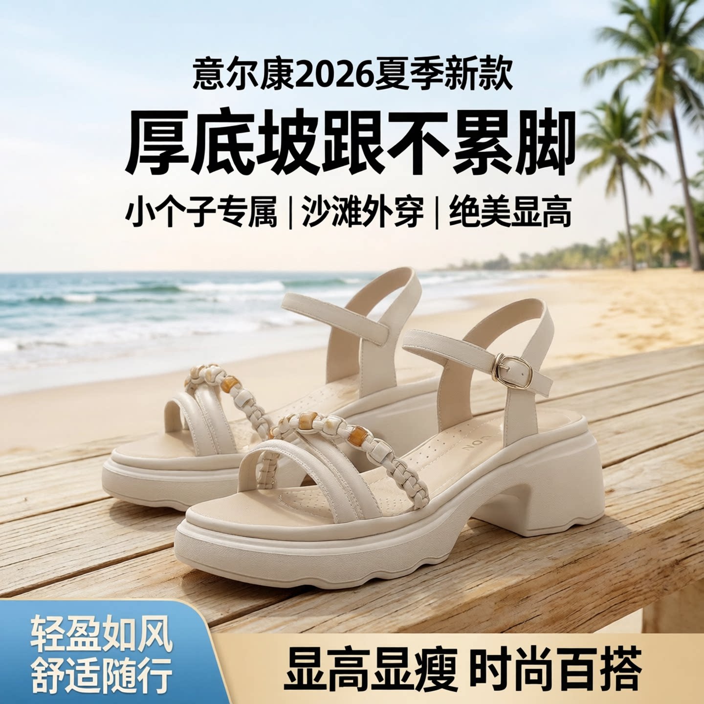 意尔康凉鞋女款2026新款夏季厚底不累脚小个子绝美坡跟外穿沙滩鞋