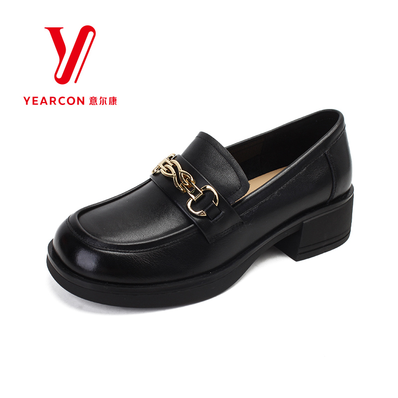 意尔康女鞋2024新款厚底乐福鞋女黑色小皮鞋英伦风鞋子高跟单鞋女