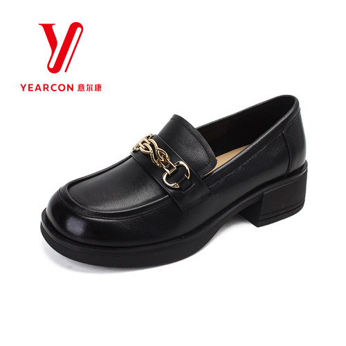 意尔康女鞋2024新款厚底乐福鞋女黑色小皮鞋英伦风鞋子高跟单鞋女
