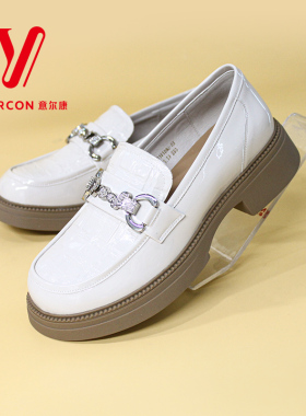 意尔康女鞋2024新款亮面乐福鞋女英伦风小皮鞋厚底单鞋时尚jk鞋子